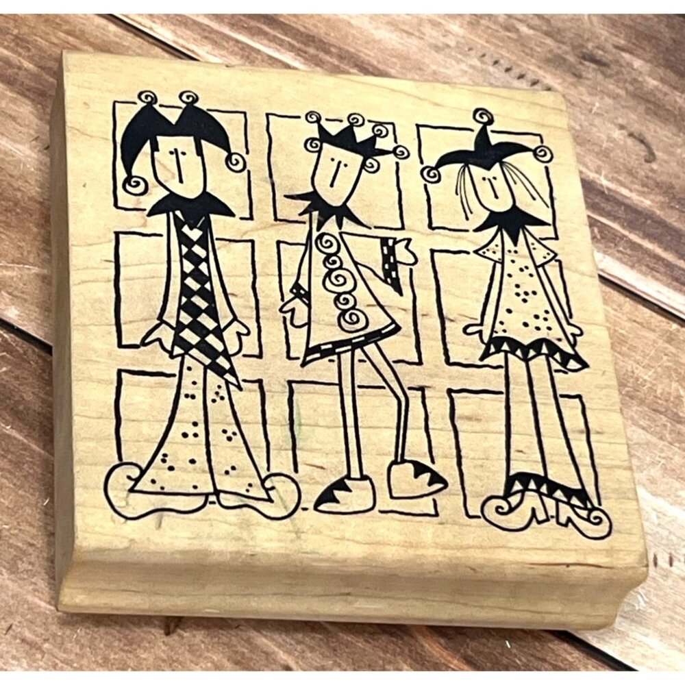 VINTAGE MAGENTA 23.388 THREE JOKERS JESTERS WOOD MOUNTED RUBBER STAMP CHRISTMAS